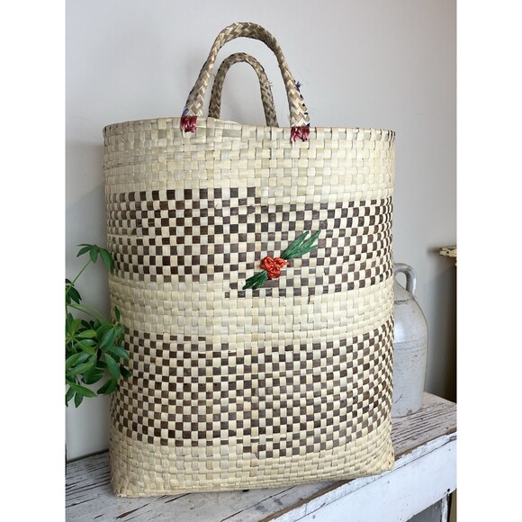 Vintage 1980’s Large Straw Raffia Floral Print Palm Beach Tote / Island / Cruise - Picture 6 of 11